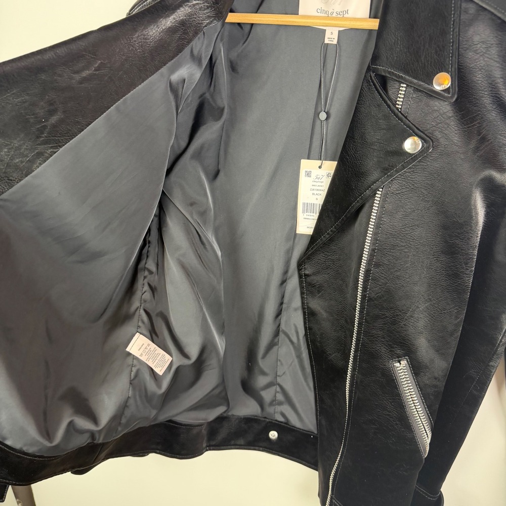 NWT Cinq‎ a Sept Brice Faux Leather Moto Jacket Small Black Belted Minimalist - Picture 4 of 16